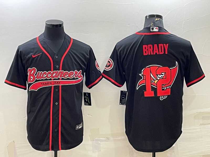 Mens Tampa Bay Buccaneers #12 Tom Brady Black Team Big Logo With Patch Cool Base Stitched Baseball Jersey
